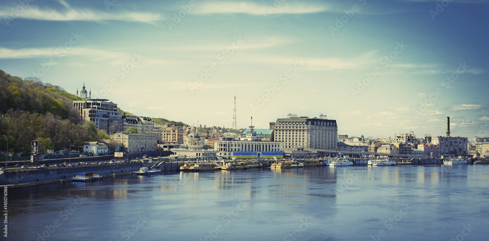 The postal square in Kiev, on Podol, the Dnipro river. view of the square from the river, panorama