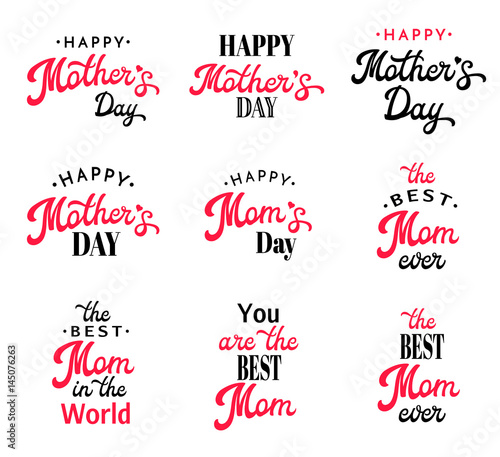 Mothers Day Lettering Calligraphy Emblems and Badges Set Isolated on White. Happy Mothers Day, The Best Mom, Mom's Day Inscription. Font Vector Elements Design For Greeting Card, poster or flyer
