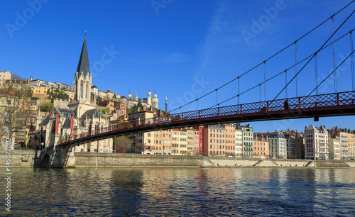 Church of Saint Georges and footbridge (Passerelle) over the Saone river in Lyon, France.