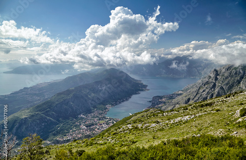 Top view of Kotor, Montenegro, Europe. Boka Kotor bay Boka Kotorska is one of the most beautiful places on Adriatic Sea, it boasts the preserved Venetian fortress, old towns and scenic mountains.