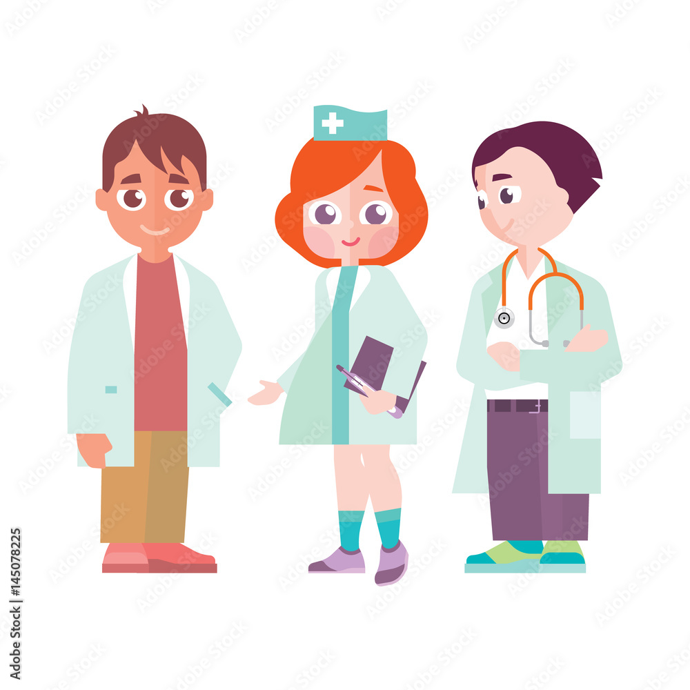 Group of children in doctor's clothes on a white background. Vector illustration in cartoon style
