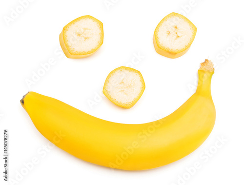 Banana clown with a slice isolated on white background. Flat lay, top view
