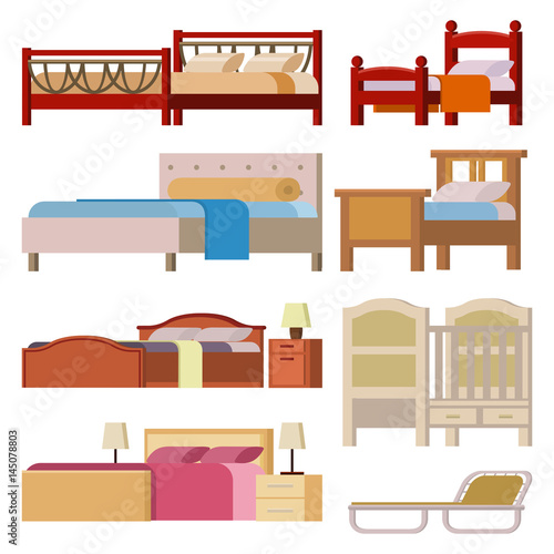 Vector bed icon set interior home rest collection sleep furniture comfortable night illustration.