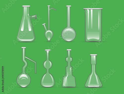 Chemical laboratory 3d lab flask glassware tube liquid biotechnology analysis and medical scientific equipment vector illustration.