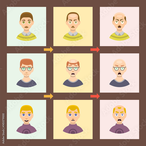 Information chart of hair loss stages types of baldness illustrated on male head vector.