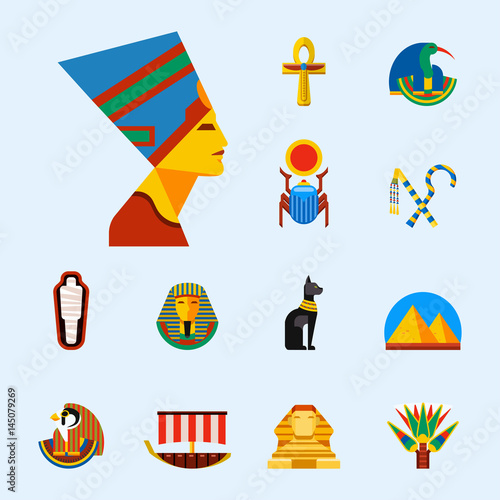 Set of vector flat design egypt travel icons culture ancient elements illustration.