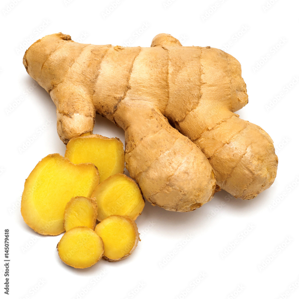 Fresh ginger root cut into cubes isolated on a white background Fresh ginger root cut into cubes isolated on a white background