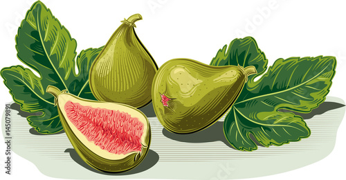 Three ripe figs, one half opened.