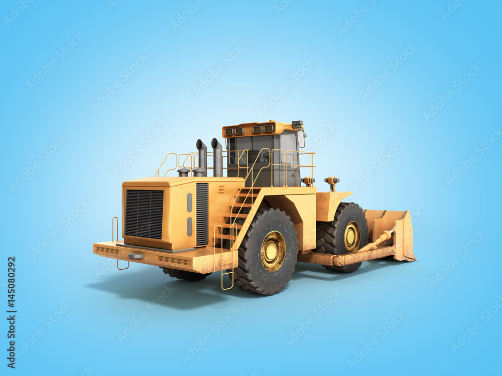 Yellow wheels Bulldozer 3d render on blue