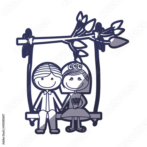 blue color contour caricature married couple in love sit in swing hanging from a branch vector illustration
