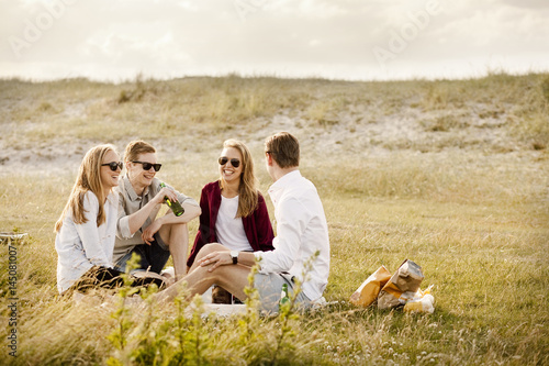 Happy young friends talking while sitting on grassy field photo