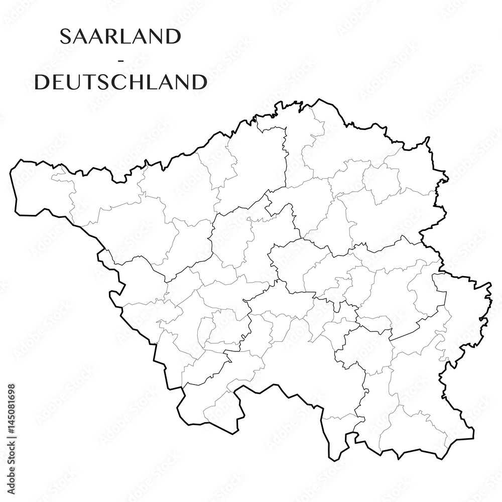 Detailed map of Saarland (Germany) with separate municipalities, subdistricts, and state administrative layers. vector illustration