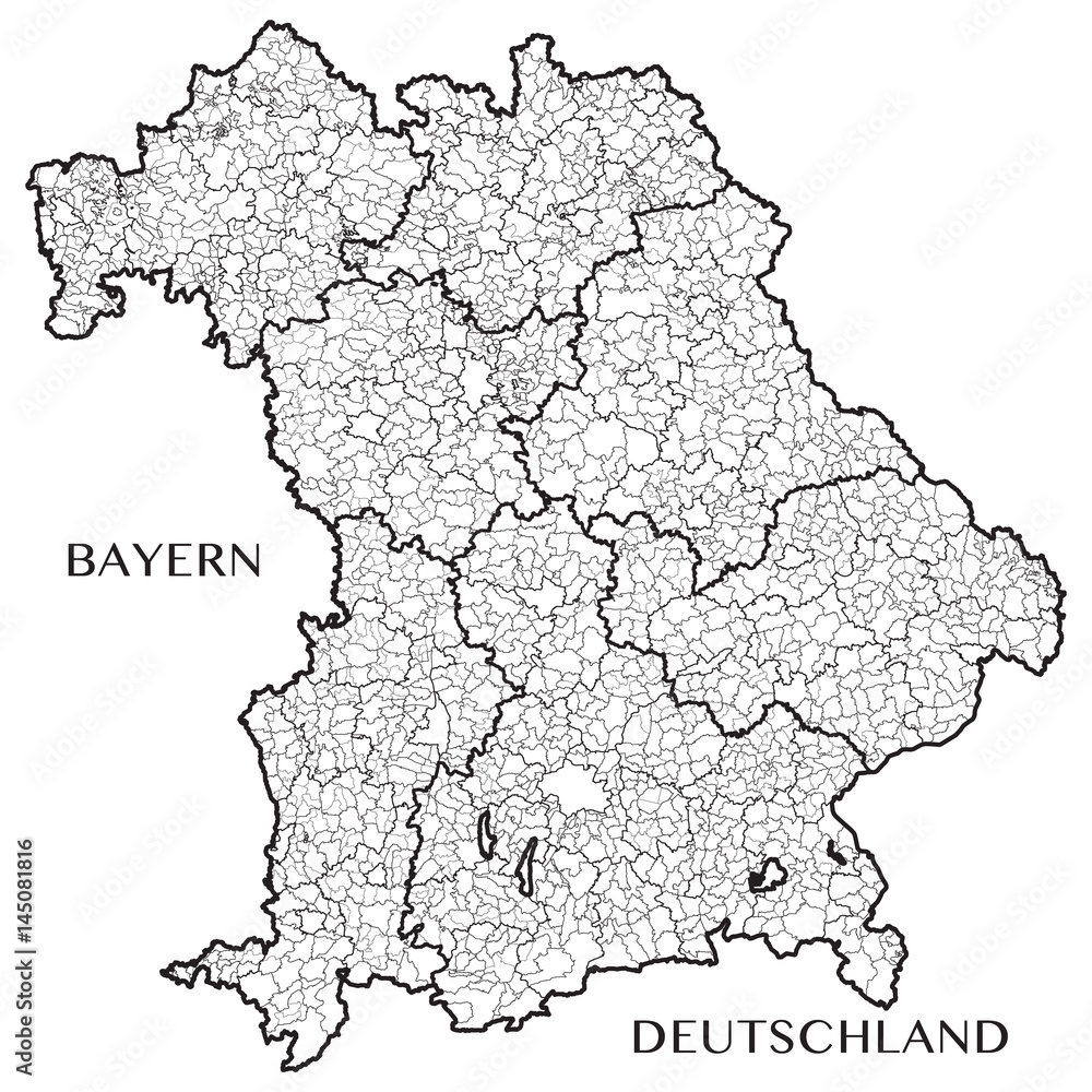 Detailed map of Bavaria (Germany) with separate municipalities, municipalities associations, subdistricts, districts, and state administrative layers. vector illustration