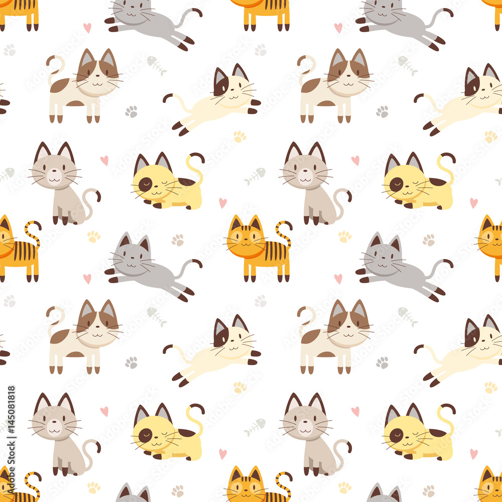 Vector illustration seamless pattern with Cartoon Cat character