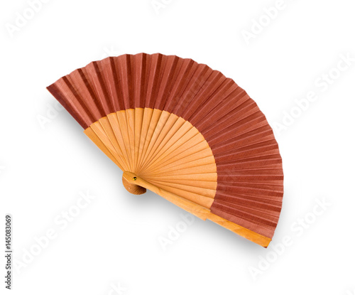 Traditional Japanese brown fan on white background.