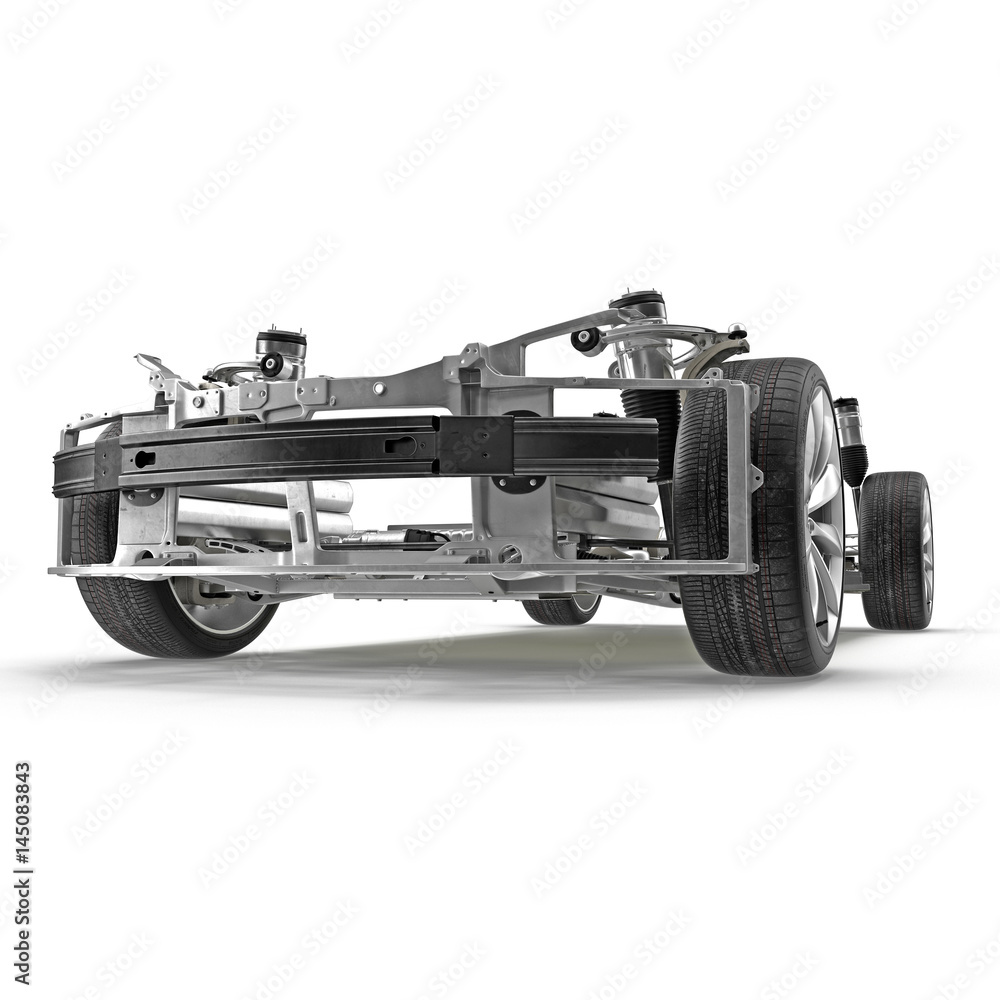Sedan chassis with electric engine with battery isolated on white. 3D illustration