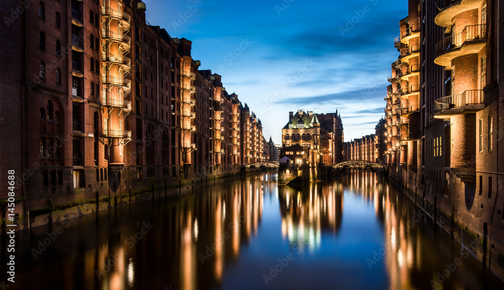 Speicherstadt during twilight  in Hamburg , Germany