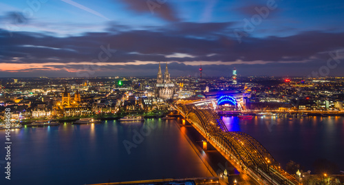 Aerial view on Cologne city at night in Cologne, Germany