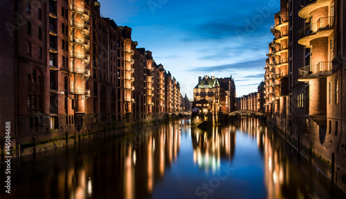 Speicherstadt during twilight in Hamburg , Germany