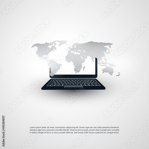 Abstract Cloud Computing and Global Networks Concept Design with Laptop, Wireless Mobile Device, Transparent Spotted World Map - Illustration in Editable Vector Format