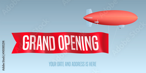 Vintage blimp with grand opening banner vector illustration