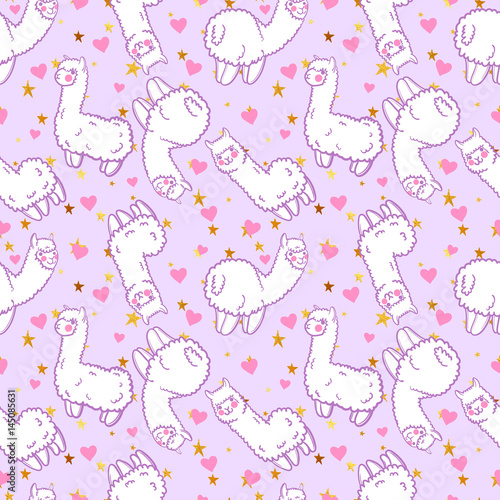 Seamless vector pattern with cute alpacas and hearts and stars. Child illustration with a lama from Peru. In the Japanese anime style.
