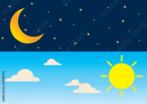 Day and night series time concept with sun, super moon, clouds and stars.
