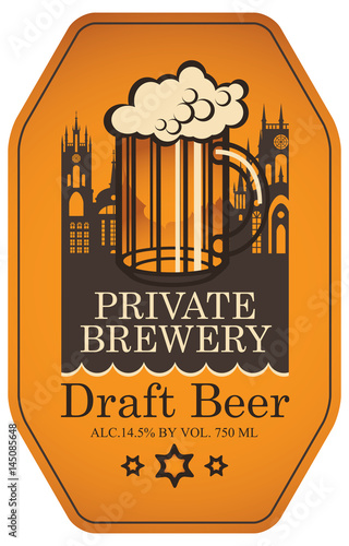 Template vector label for draft beer in a retro style with full glass of beer on background of old town