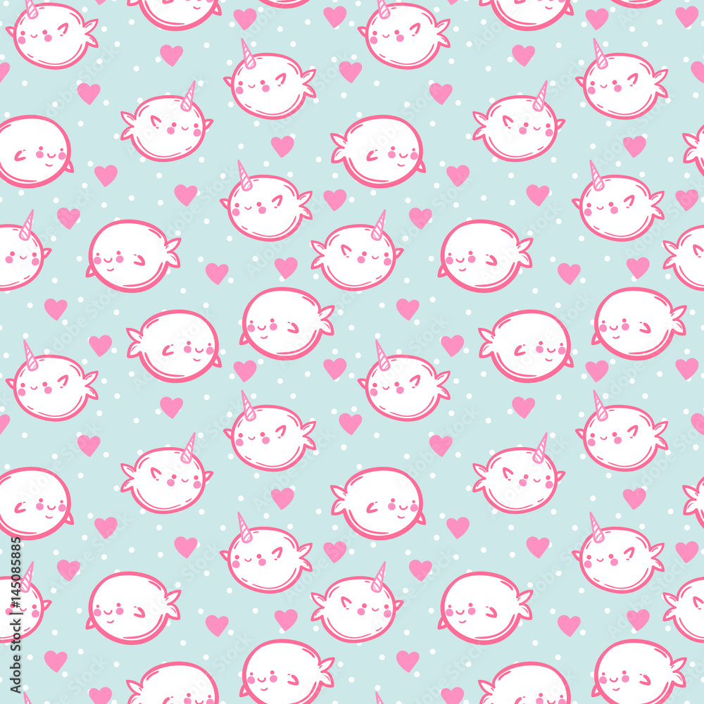 Naklejka premium Funny vector seamless pattern with unicorn fish. Cute whales and narwhals in hearts. Children's drawing.