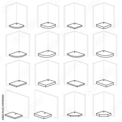 Shower trays, paddling pool bathroom installation and montage solutions, pictogram types
