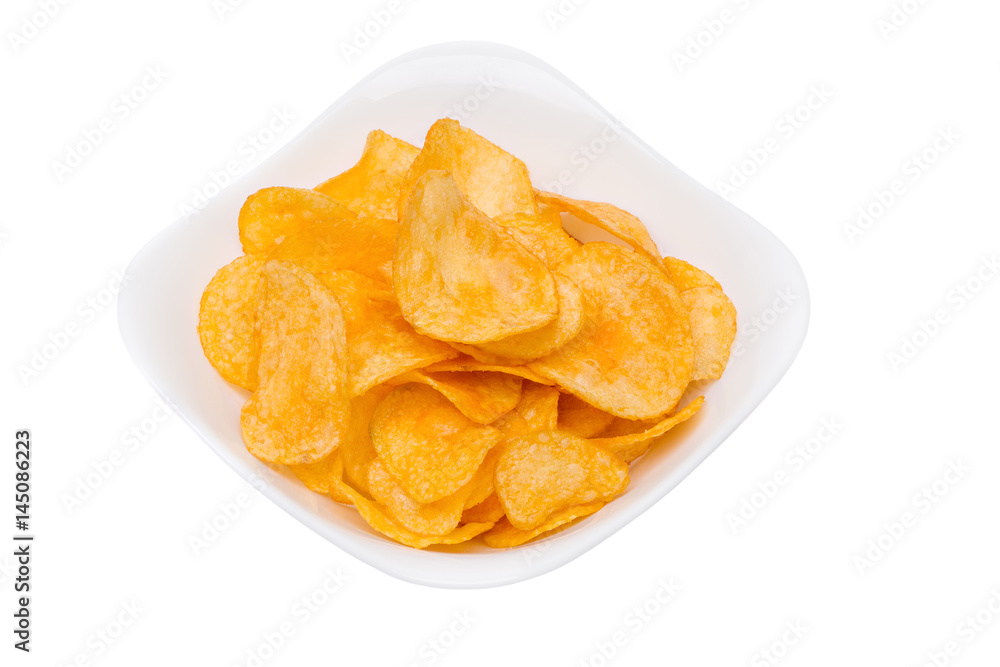 Potato chips bowl isolated on white. Close-up Potato chips bowl isolated on white. Close-up