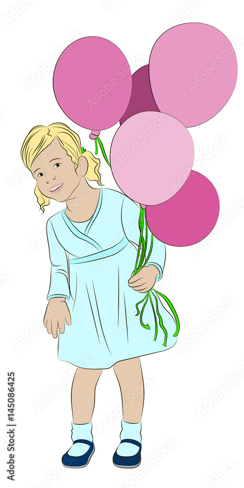 Girl with five pink balloons. Vector illustration. Girl with five pink balloons. Vector illustration.