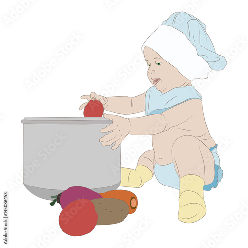 Little chef learn to cook vegetables. Vector illustration.