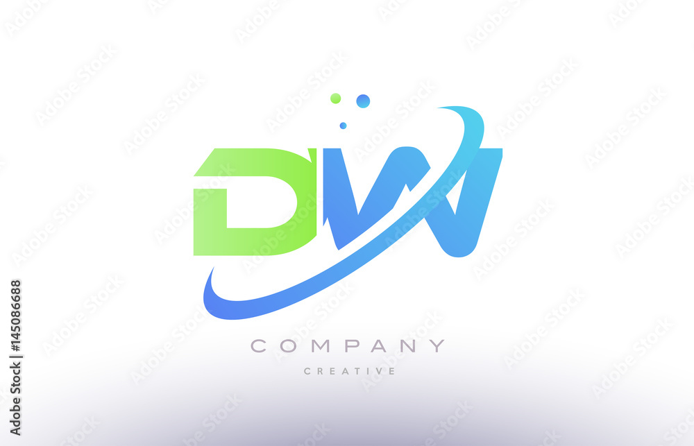 dw d w alphabet green blue swoosh letter logo icon design