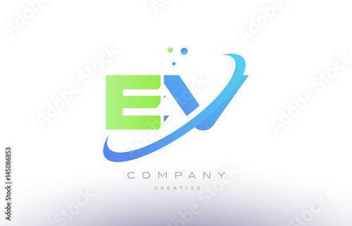 ev e v alphabet green blue swoosh letter logo icon design