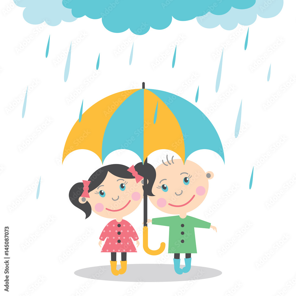 Boy and girl standing in the rain under umbrella. Vector Illustration Boy and girl standing in the rain under umbrella. Vector Illustration