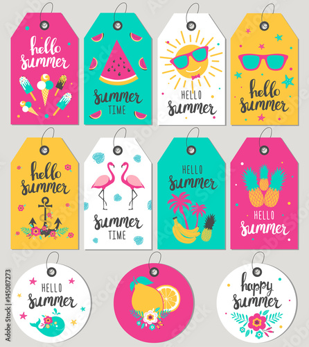 Set hello summer. Gift tags and cards. Vector illustration