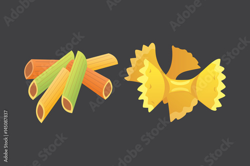 Vector set Italian pasta in cartoon style. Different types and shapes of macaroni with.