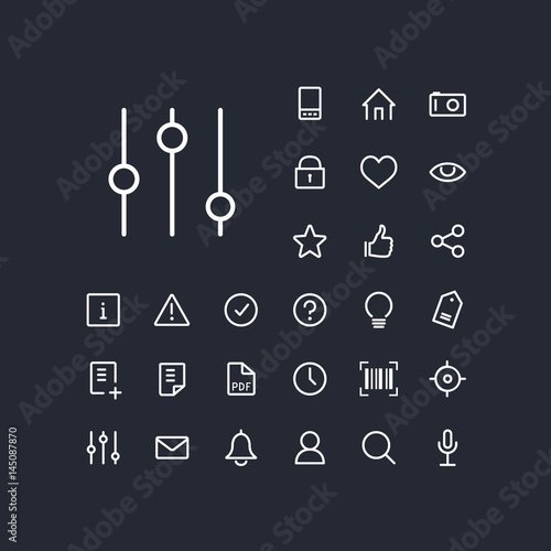 Filter icon in set on the black background. Universal linear icons to use in web and mobile app.