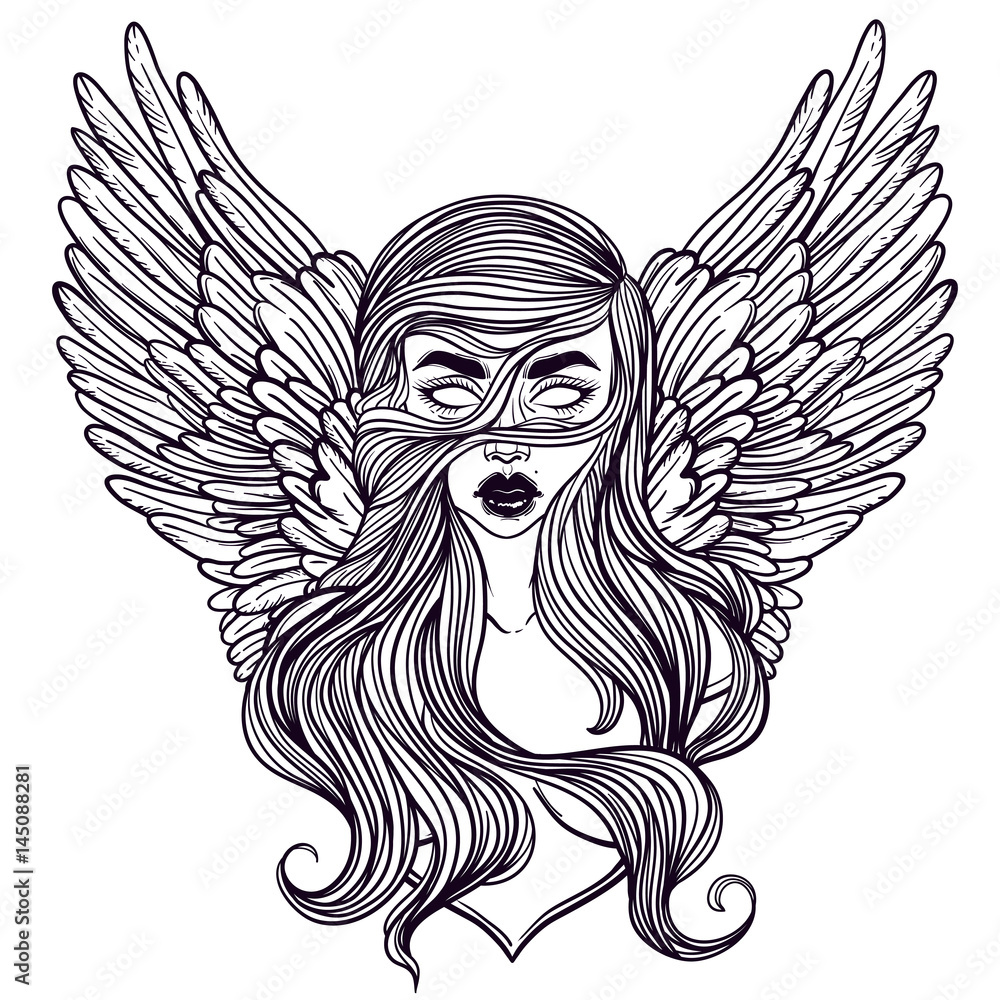 Premium Photo | A drawing of a girl with wings that says'angel '
