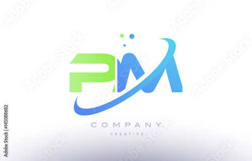 pm p l alphabet green blue swoosh letter logo icon design