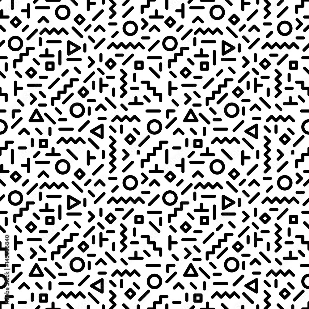 Trendy memphis style seamless pattern inspired by 80s, 90s retro fashion design. Black and white hipster backdrop. Abstract geometric background from eighties.