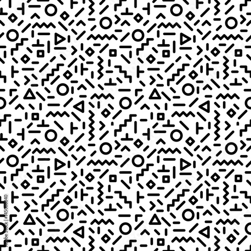 Trendy memphis style seamless pattern inspired by 80s, 90s retro fashion design. Black and white hipster backdrop. Abstract geometric background from eighties.