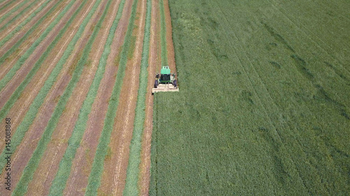 Combine harvester in a green field - Aerial image