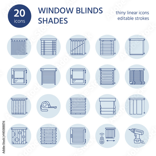 Window blinds, shades line icons. Various room darkening decoration, roller shutters, roman curtains, horizontal and vertical jalousie. Interior design thin linear signs for house decor shop.