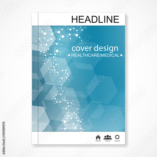 Scientific brochure design template. Vector flyer layout, Molecular structure with connected lines and dots. Scientific pattern atom DNA with elements for magazine, leaflet, cover, poster design.