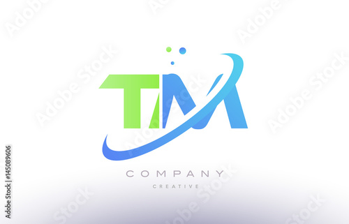 tm t m alphabet green blue swoosh letter logo icon design