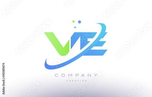 ve v e alphabet green blue swoosh letter logo icon design