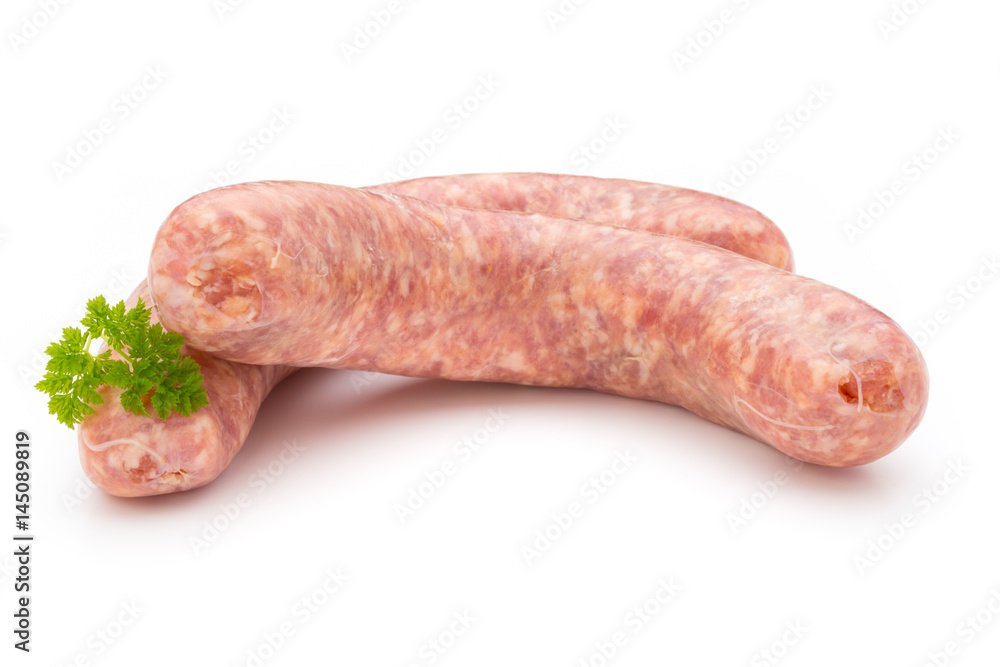 Raw sausage with parsley leaf isolated on white background. Raw sausage with parsley leaf isolated on white background.