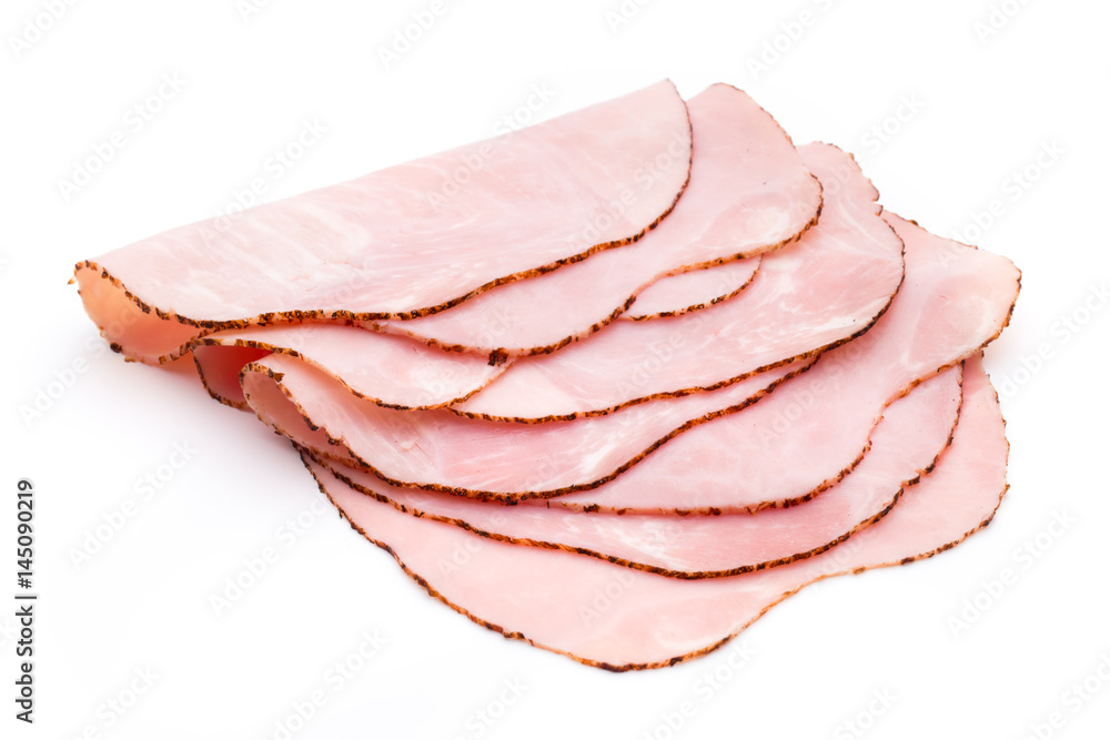 Thin slices of ham on white background. Thin slices of ham on white background.